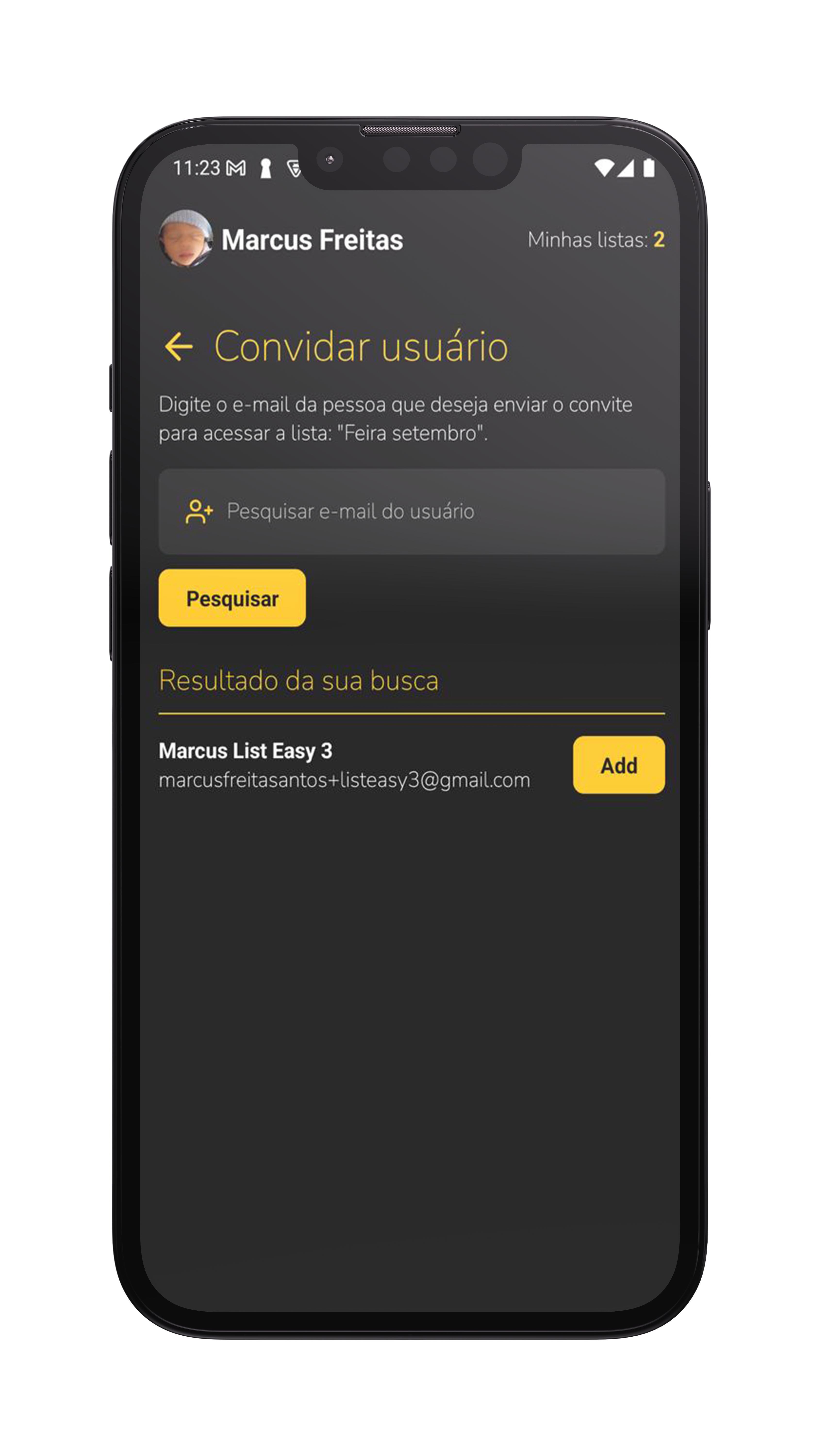 Tela de compartilhamento do aplicativo ListEasy